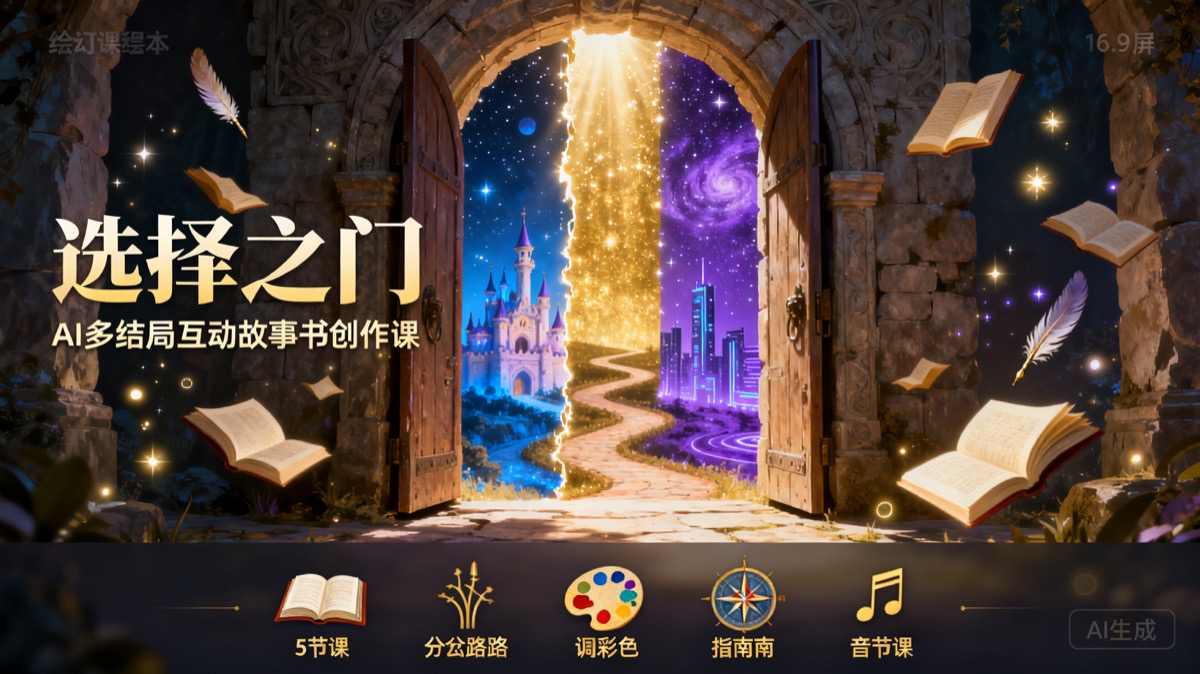 选择之门课程封面：AI 多结局互动故事书创作课